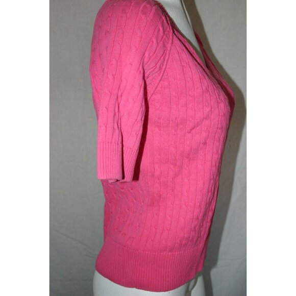 Jeanne Pierre Womens Pink Cable Knit V-Neck Short Sleeve Sweater Size Medium - Picture 3 of 6